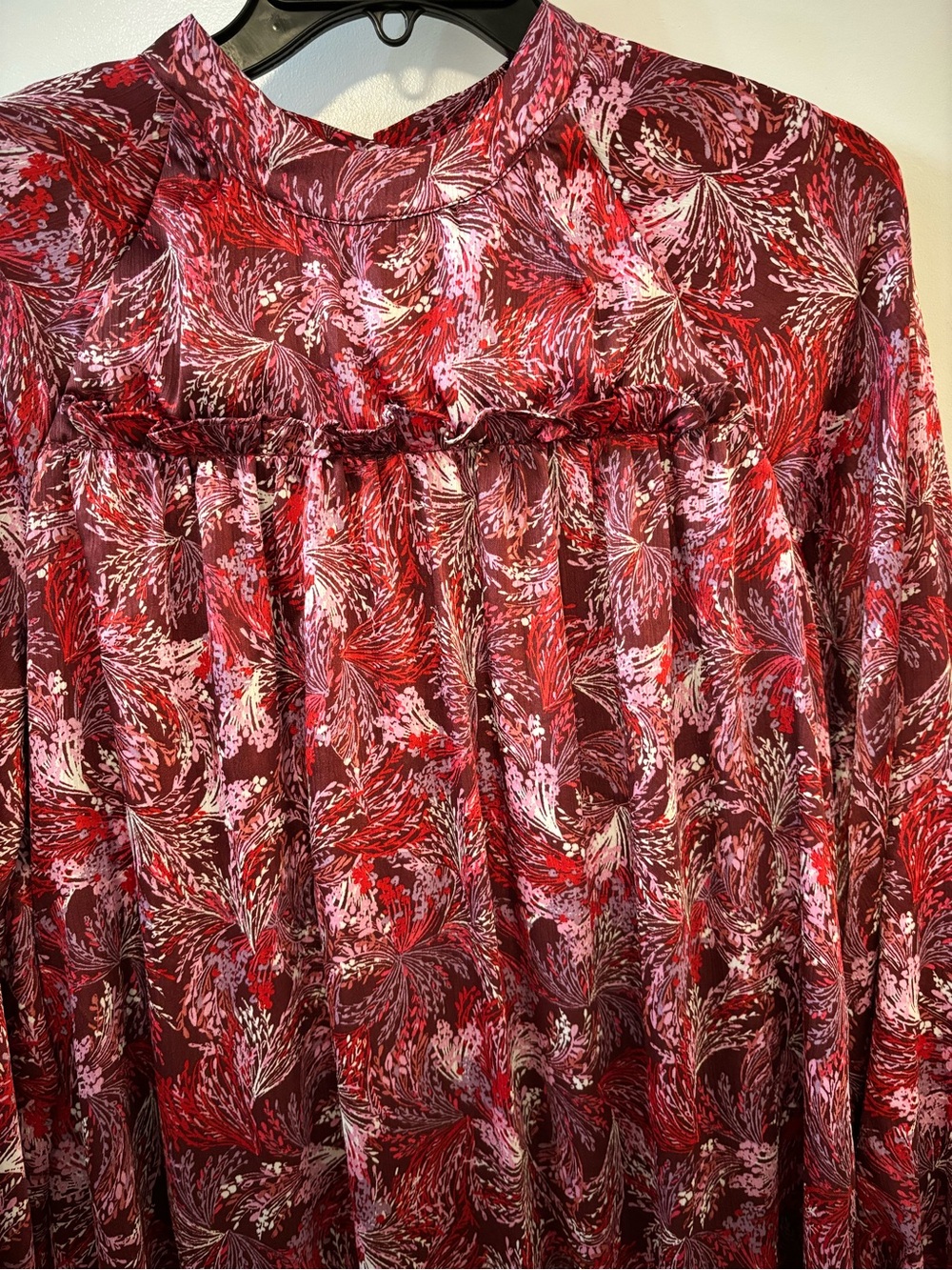 BCBGeneration Burgundy Floral Long Sleeve Ruffle-Hem Dress - Picture 4 of 7